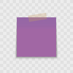 Realistic note paper with sticky tape on transparent background. Vector.