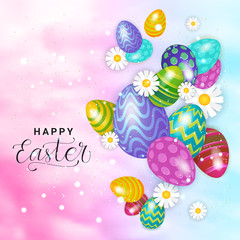 Fototapeta na wymiar Happy Easter Card Design Holiday Background With Flowers And Colorful Eggs Vector Illustration