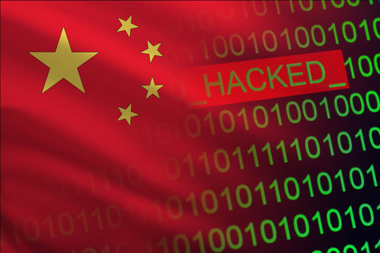 China hacked state security. Cyberattack on the financial and banking structure. Theft of secret information. On a background of a flag the binary code.