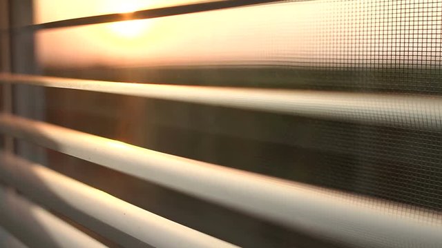 Sunrise behind the window blinds and mosquito net. Rising sun behind window blinds. Sunlight behind vertical blinds.