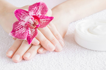 Beautiful groomed woman's hands with cream jar and fresh purple orchid flower on the white towel. Cares about clean and soft hands skin. Manicure beauty salon. Gentle atmosphere. Healthcare concept.