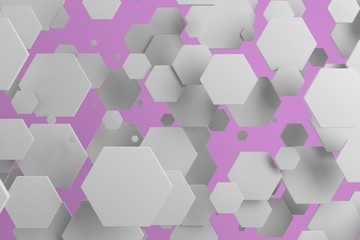White hexagons of random size on violet background