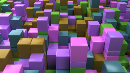 Wall of blue, green, brown and purple cubes