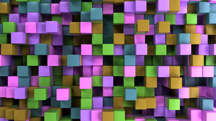 Wall of blue, green, brown and purple cubes
