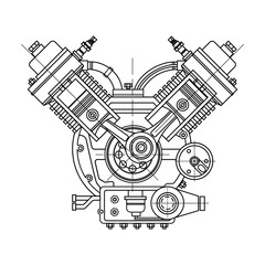 An internal combustion motor. The drawing engine of the machine in section, illustrating the inner structure - the cylinders, pistons, the spark plug. Isolated on white background.