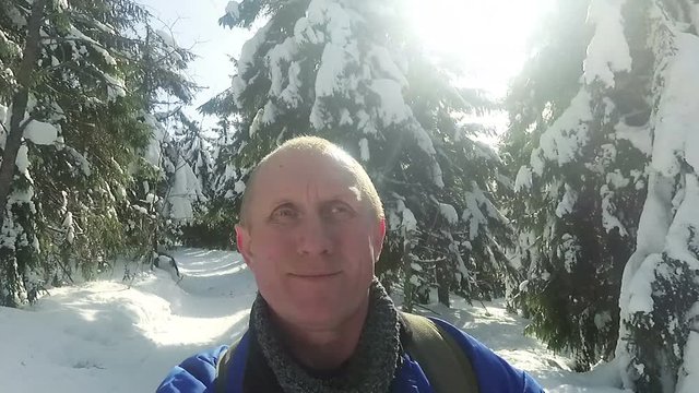 Adult happy man tourist  go on winter forest .Nice  sunny day