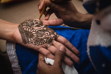 Henna drawing on woman's hand.