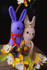 rabbits from yarn handmade sitting