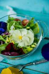 Spring vitamin salad: greens with cherry tomatoes and edible flowers (pansies) on a blue wooden background. The concept of healthy eating.