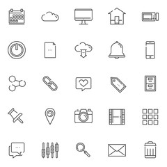 Essentials outline icons set. linear style symbols collection, line signs pack. vector graphics. Set includes icons as calendar, cloud, tv or monitor screen, video camera, home, notification bell