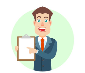 Businessman pointing at clipboard