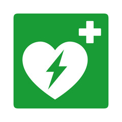 Green automated external defibrillator / aed sign with heart and electricity symbol flat vector icon - obrazy, fototapety, plakaty