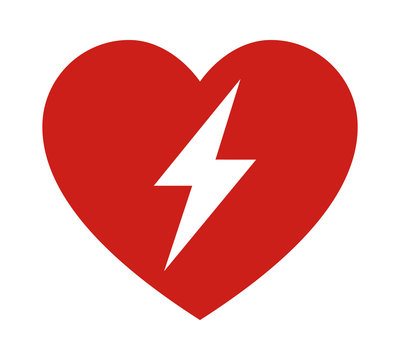 Red automated external defibrillator / aed sign with heart and electricity symbol flat vector icon
