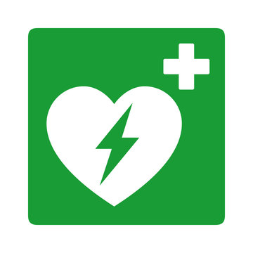 Green automated external defibrillator / aed sign with heart and electricity symbol flat vector icon
