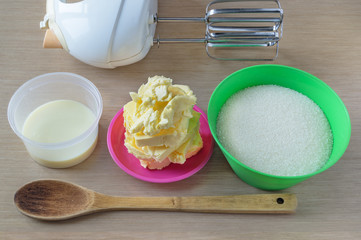 Set of the ingredients and item and tools for a making dough or cream