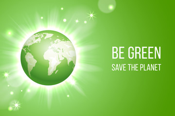 Vector illustration of the globe planet on the flash background. Ecology concept. Green eco earth