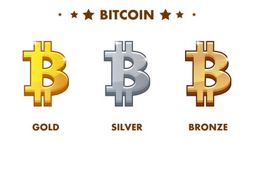 Isolated Gold, silver and bronze Bitcoin icon. Digital or Virtual currencies and electronic cash