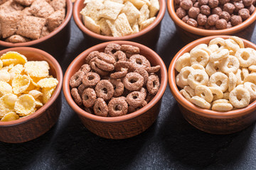 Cereals . Breakfast with milk and chocolate cornflakes