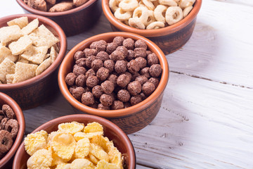 Cereals . Breakfast with milk and chocolate cornflakes