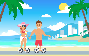 happy couple riding on hoverboard on the beach