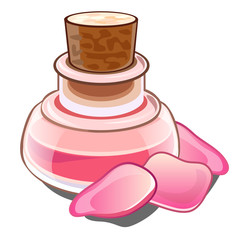 Bottle with pink liquid, wooden cap and petals. Glass flacon with perfume or magic potion and roses. Image in cartoon style for games and other design needs. Vector illustration isolated on white