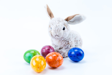 Easter bunny behind hand painted easter eggs with white background