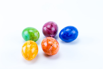 Colorful hand painted easter eggs with white background