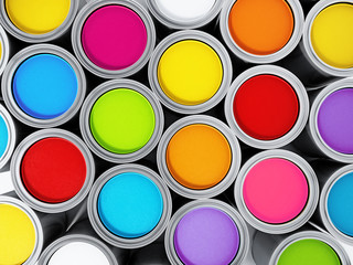 Vibrant colored paint cans background. 3D illustration