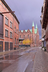 Задняя стена театра Орхуса в зданий 19 века из красного кирпича и средневековый собор Орхуса. Дания