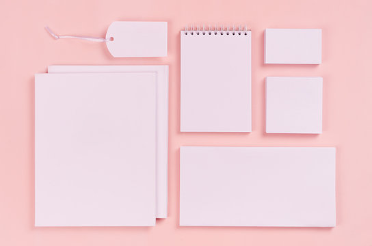 Corporate identity template, white stationery set with blank bussines cards, labels, stickers, notepad, envelops, broshures on pastel pink stylish background.