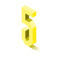 Isometric five yellow icon, 3d character with shadow