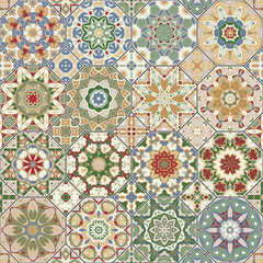 Vector set of octagonal and square ornaments. Decorative and design elements for textile, book covers, manufacturing, gift wrap. Oriental motif, green orange color. © pantero4ka