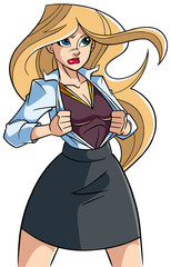 Illustration of businesswoman revealing her true identity of powerful superheroine.