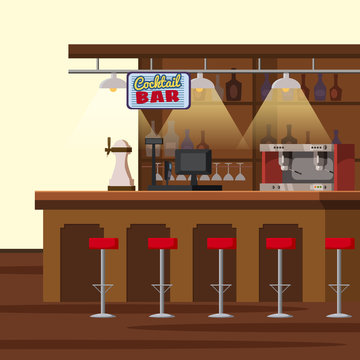 Bar counter. Pub beer tap pump, stools, shelves with alcohol bottles. Pub with beer glassesCartoon vector isolated illustration