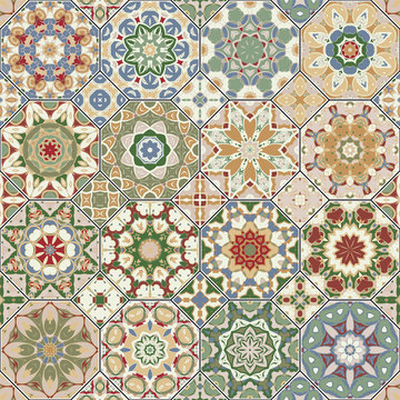 Vector set of octagonal and square ornaments. Decorative and design elements for textile, book covers, manufacturing, gift wrap. Oriental motif, green orange color.