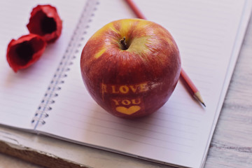 Fresh red apple with I love you sign whit a pen and open notebook at wooden background/ conceptual image of lunch break