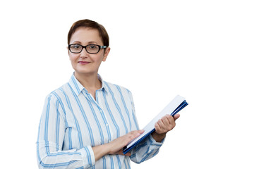 Business woman holding paperwork isolated on a white background. Professional portrait of nice middle aged female wearing glasses and oxford shirt, looking at camera and smiling