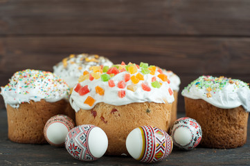 Easter bread and eggs with traditional ukrainian ornament.