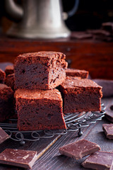 Homemade brownies from dark chocolate, selective focus