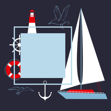 Vector frame with  yacht and  lighthouse.