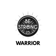 Disc barbell. Gym logo, fitness logo. Warrior text. Be strong. Vector.