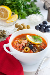 Traditional Russian soup Solyanka in a white serving cup, selective focus