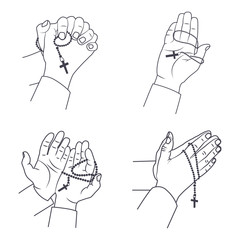 Praying hands with holy rosary beads vector line icon set isolated on a white background.