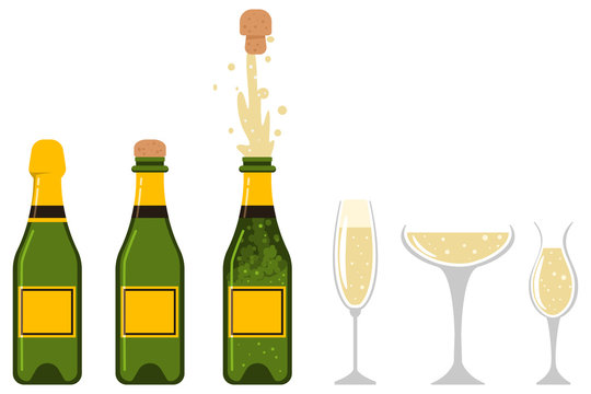 Champagne bottle is closed, open, an explosion of cork and glasses of different shapes. Vector flat icons set of party and holiday designs isolated on white background.