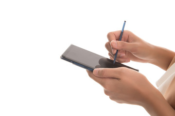 Close up   hand of  business woman use of mobile phone isolated on white background. Free from copy space.