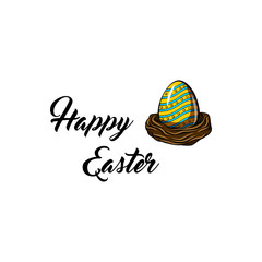 Easter egg. Nest. Greeting card. Painted color egg. Happy Easter text. Vector.