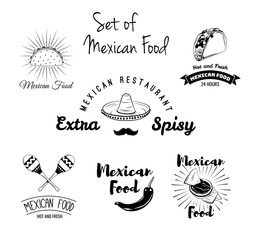 Burito, nachos, taco, maracas, sombrero, mustache, pepper. Mexican food set. Vector.