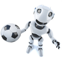 3d Funny cartoon mechanical robot character holding a football