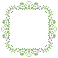 Spring or summer blossoming delicate frame with green leaves and lilac flowers on a white background