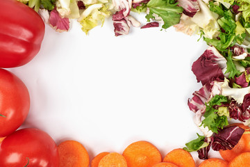 Frame of fresh vegetables isolated on the white background. Healthy natural food with copy space . Cooking ingredients top view, mockup for recipe or menu.